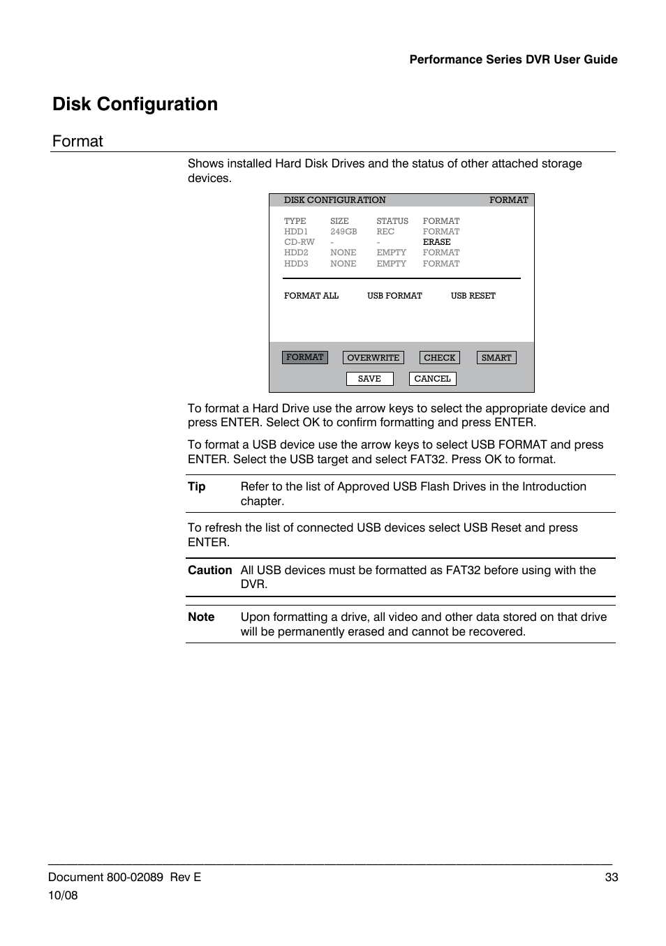 Disk configuration, Format | Honeywell HRDP DVR User Manual | Page 33 / 100