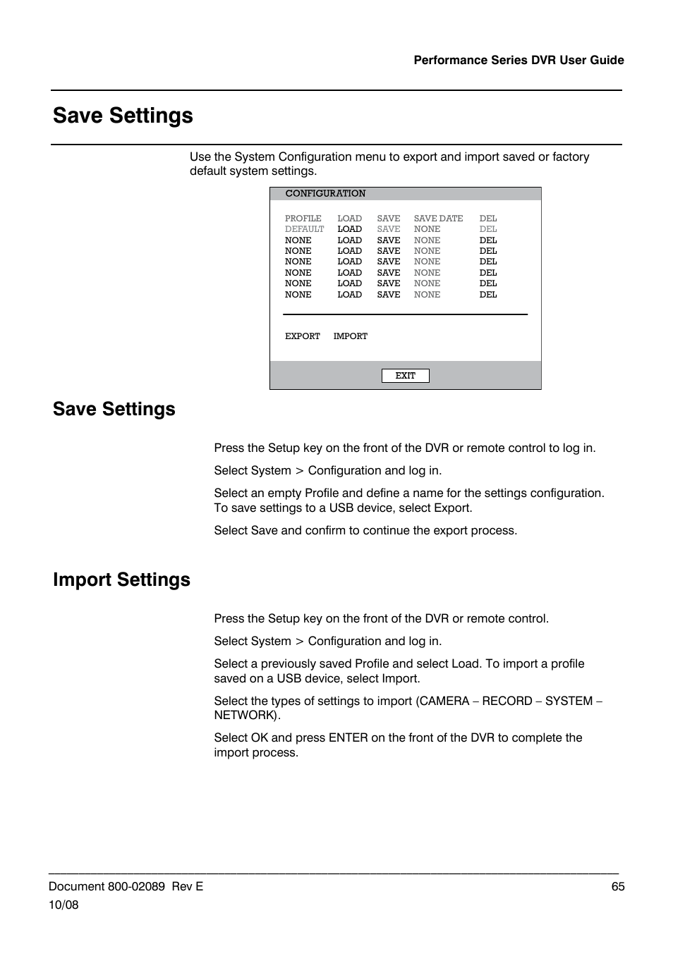 Save settings, Import settings | Honeywell HRDP DVR User Manual | Page 65 / 100