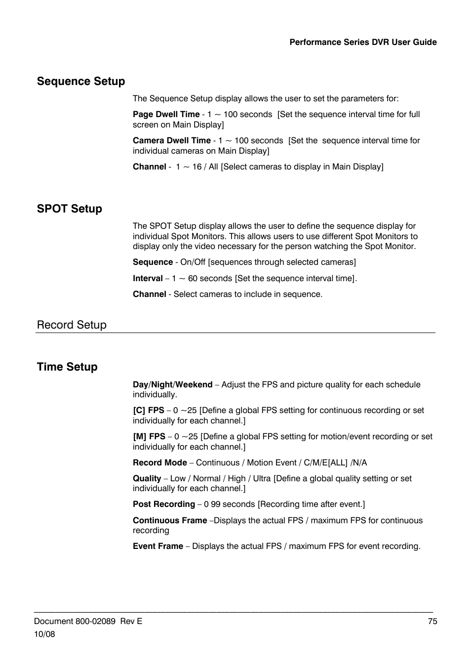 Sequence setup, Spot setup, Record setup | Time setup | Honeywell HRDP DVR User Manual | Page 75 / 100