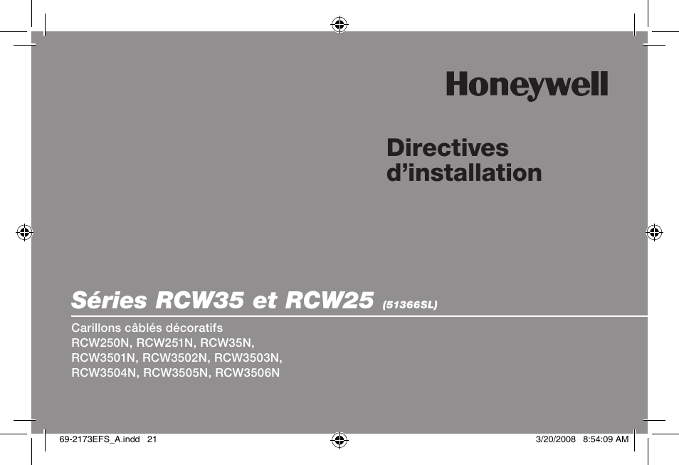 Directives d’installation, Séries rcw35 et rcw25, Installation instructions | Honeywell RCW25 User Manual | Page 23 / 68