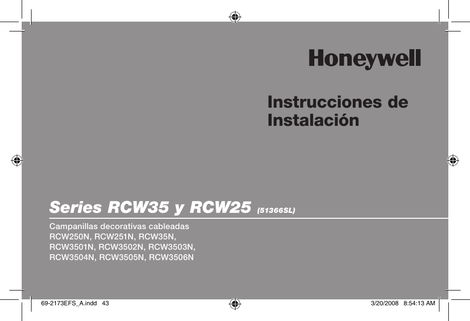 Instrucciones de instalación, Series rcw35 y rcw25, Installation instructions | Honeywell RCW25 User Manual | Page 45 / 68