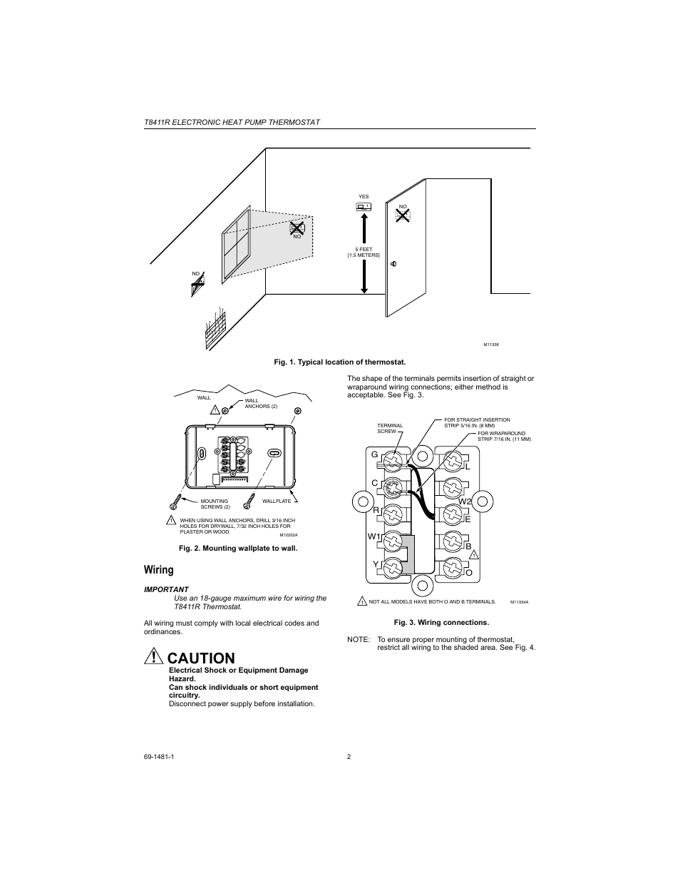 Wiring, Caution | Honeywell HEAT PUMP THERMOSTAT T8411R User Manual | Page 2 / 6