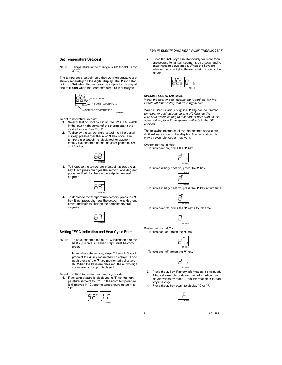 Set temperature setpoint, Setting °f/°c indication and heat cycle rate | Honeywell HEAT PUMP THERMOSTAT T8411R User Manual | Page 5 / 6