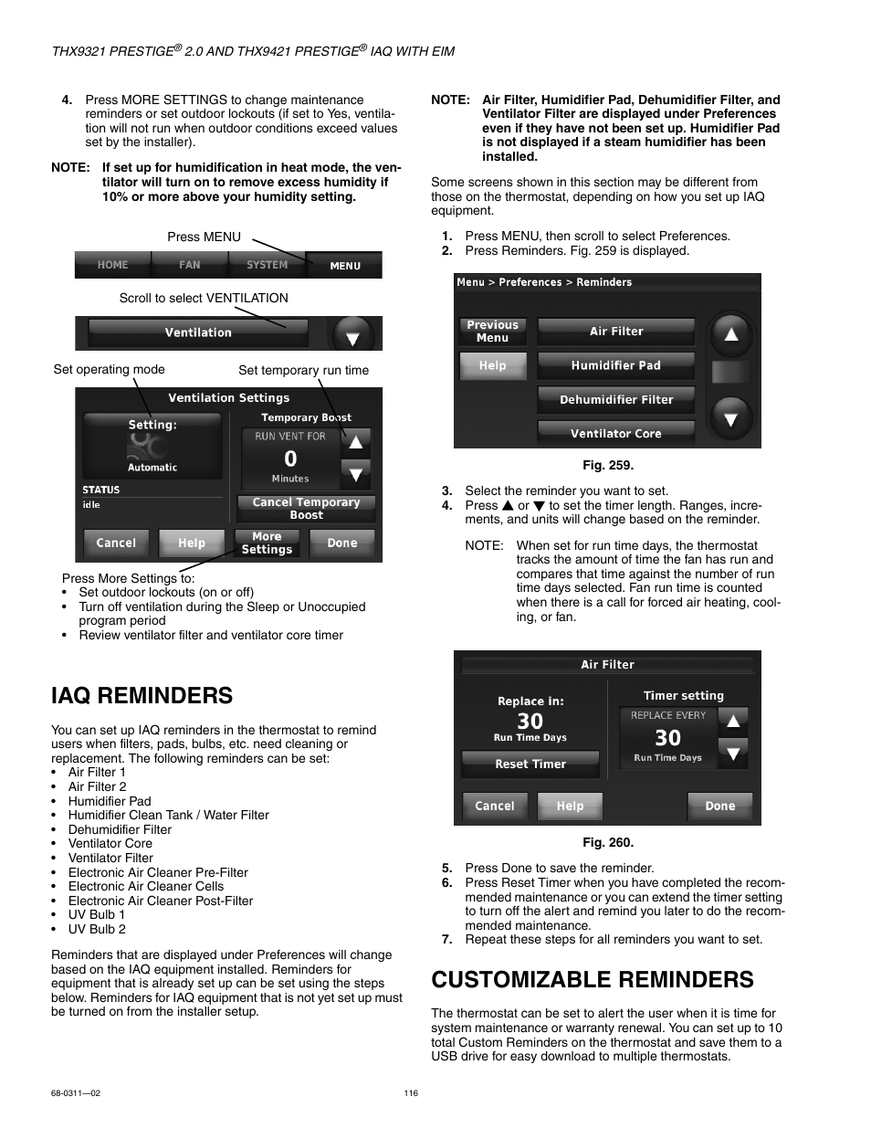 Iaq reminders, Customizable reminders, Iaq reminders customizable reminders | See “customizable reminders” beginning | Honeywell PRESTIGE THX9321 User Manual | Page 116 / 160