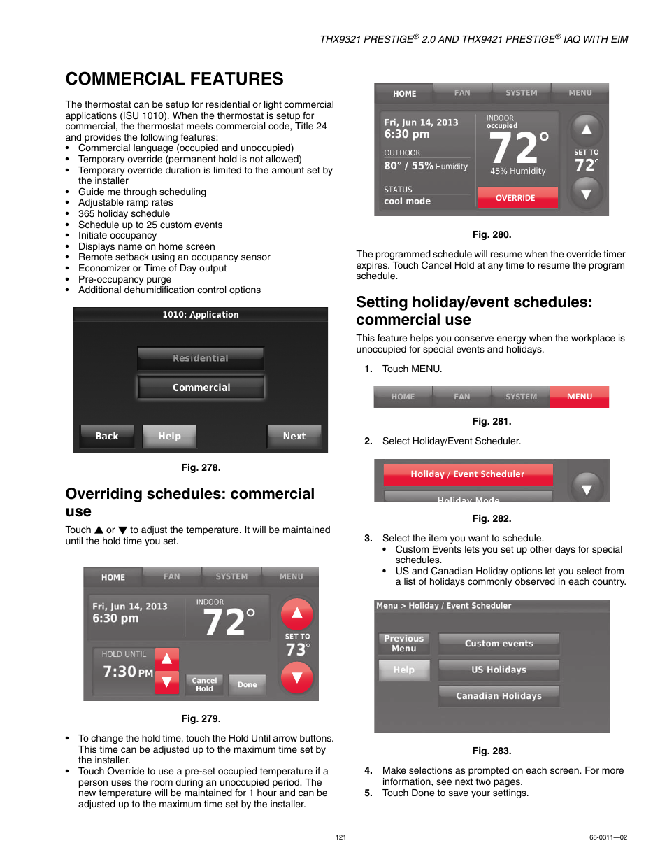 Commercial features, Overriding schedules: commercial use, Setting holiday/event schedules: commercial use | Honeywell PRESTIGE THX9321 User Manual | Page 121 / 160