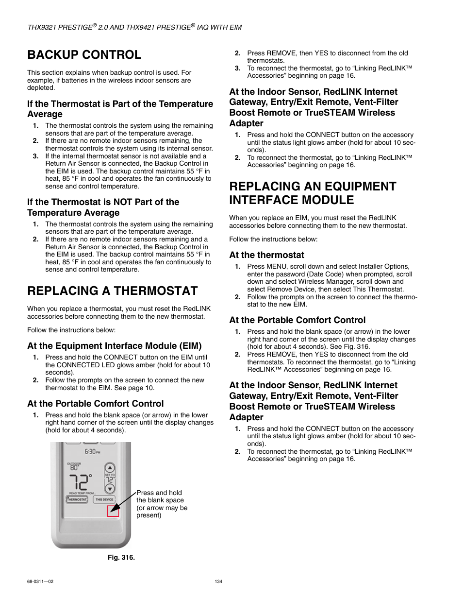 Backup control, Replacing a thermostat, Replacing an equipment interface module | Honeywell PRESTIGE THX9321 User Manual | Page 134 / 160