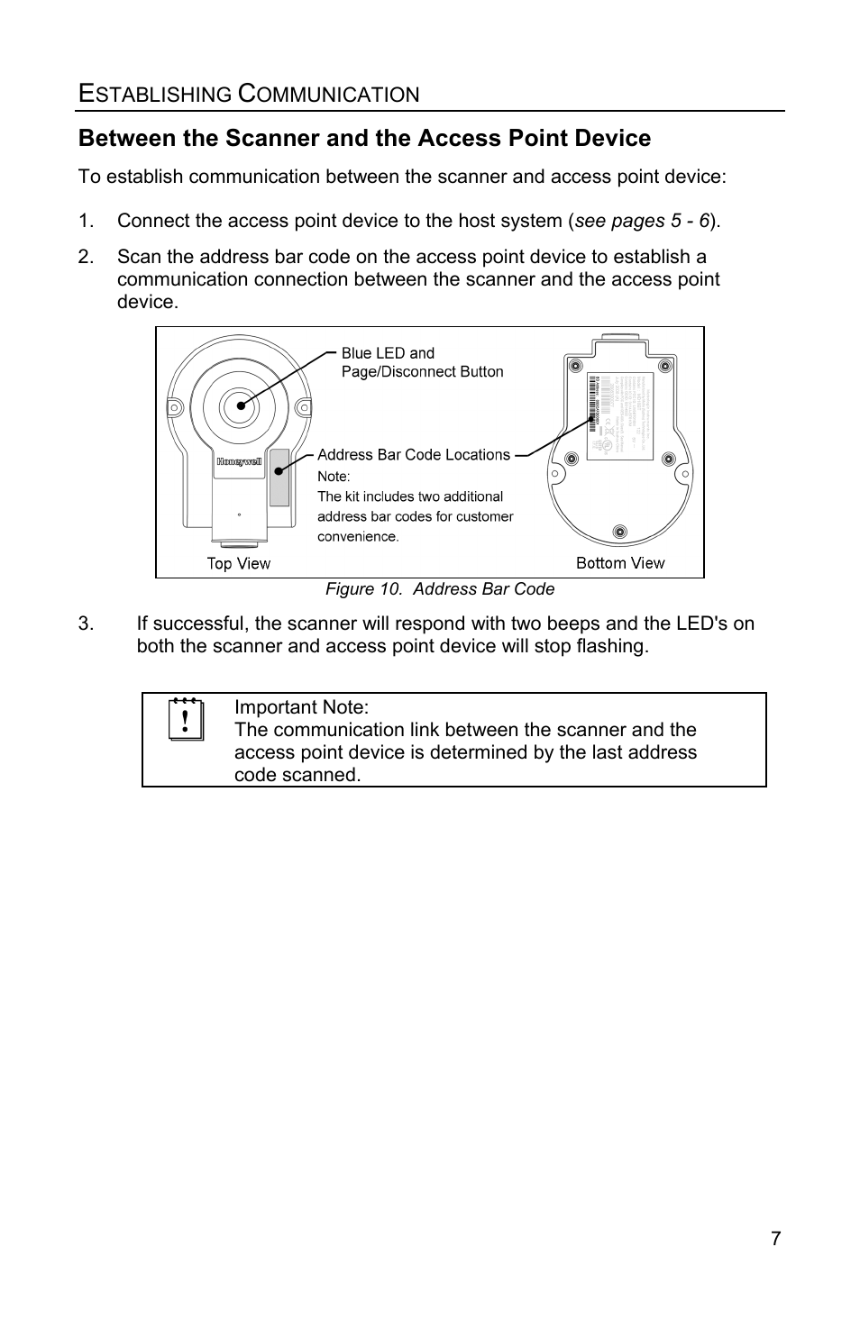 Establishing communication, Between the scanner and the access point device | Honeywell FocusBT AP-010-BT User Manual | Page 11 / 32