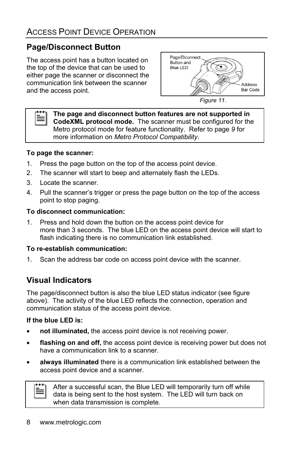 Access point device operation, Visual indicators, Page/disconnect button | Honeywell FocusBT AP-010-BT User Manual | Page 12 / 32