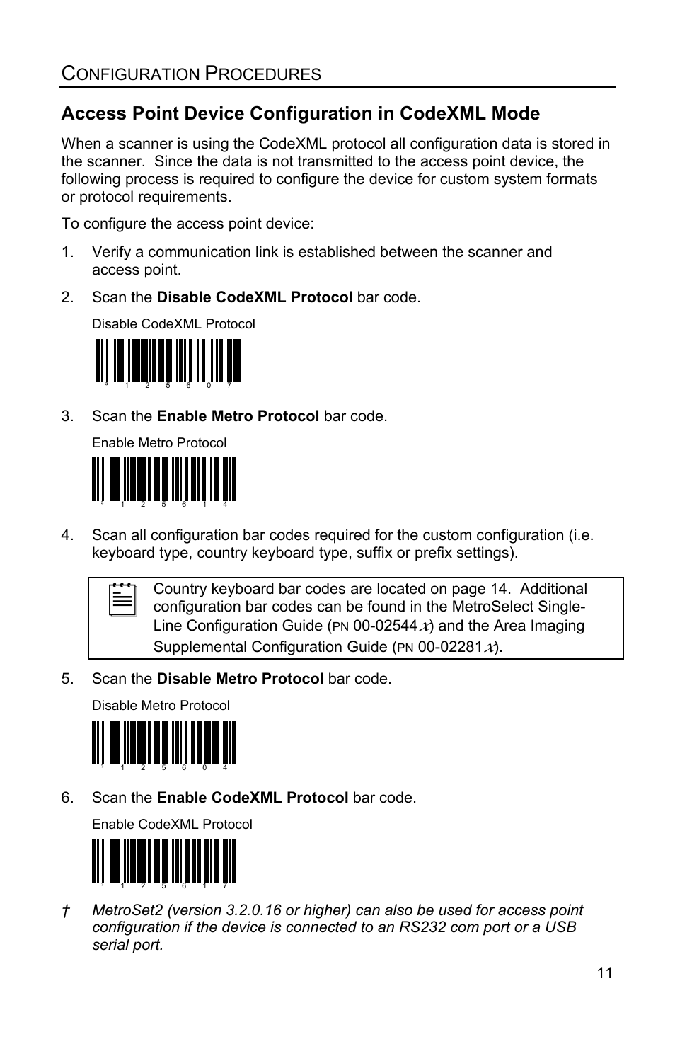 Access point device configuration in codexml mode, Onfiguration, Rocedures | Scan the enable metro protocol bar code, Scan the disable metro protocol bar code, Scan the enable codexml protocol bar code | Honeywell FocusBT AP-010-BT User Manual | Page 15 / 32