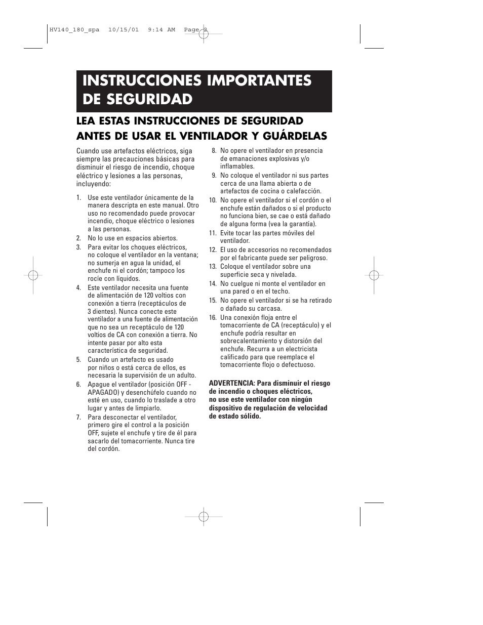 Instrucciones importantes de seguridad | Honeywell HV140 User Manual | Page 12 / 16