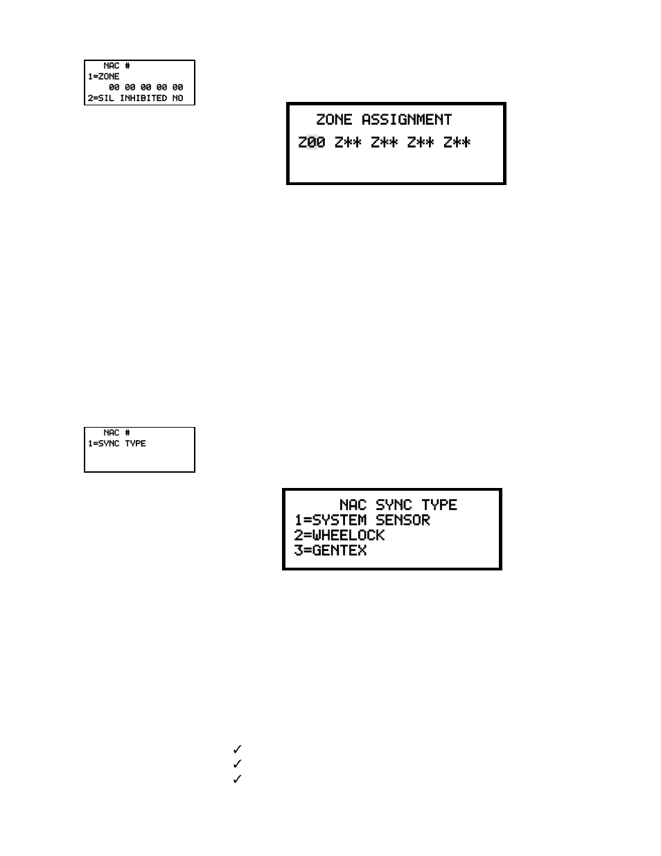 Zone assignment z00 z** z** z** z, Nac sync type 1=system sensor 2=wheelock 3=gentex | Honeywell MS-9200UDLSE User Manual | Page 109 / 228