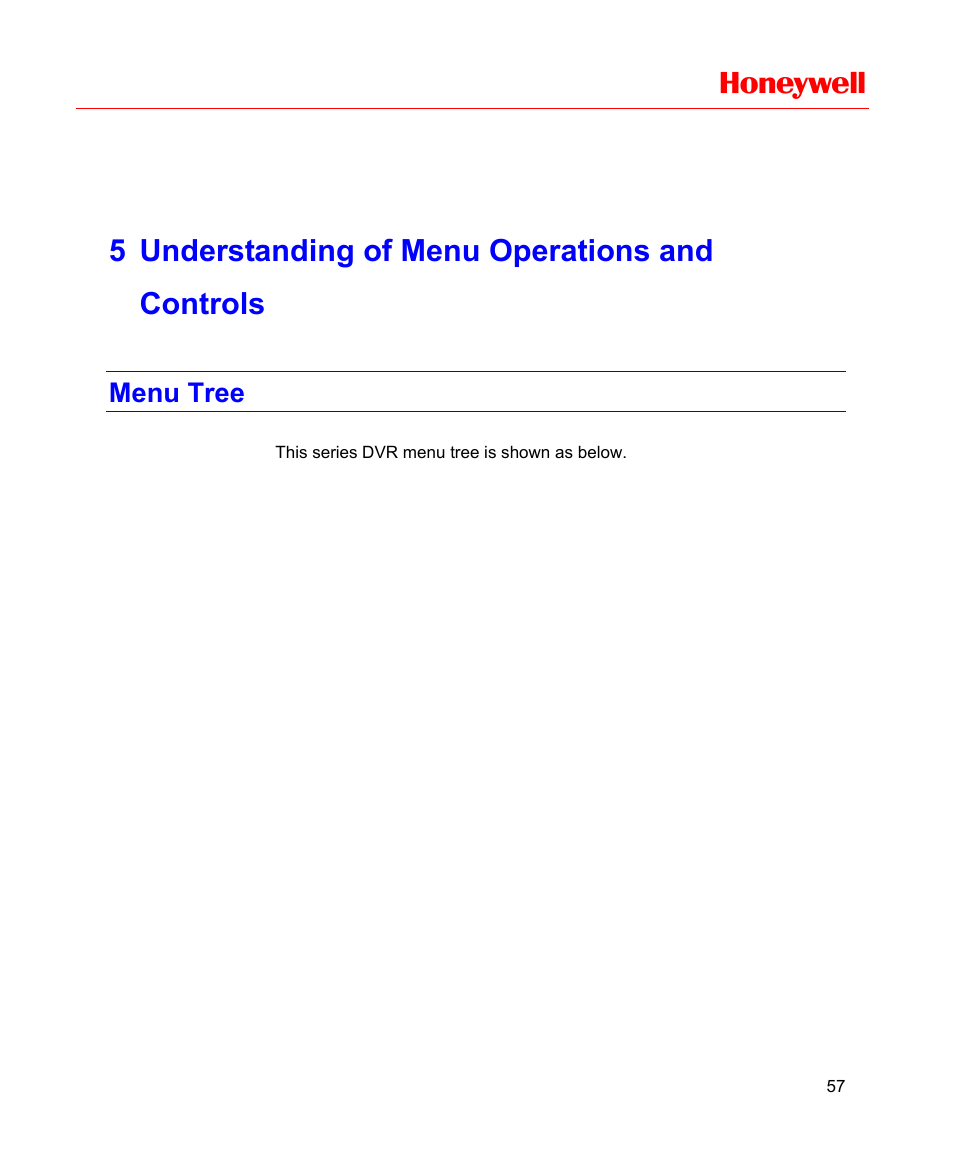 5 understanding of menu operations and controls, Menu tree, Understanding of menu operations and controls | Honeywell HD-16DVR-C User Manual | Page 73 / 169