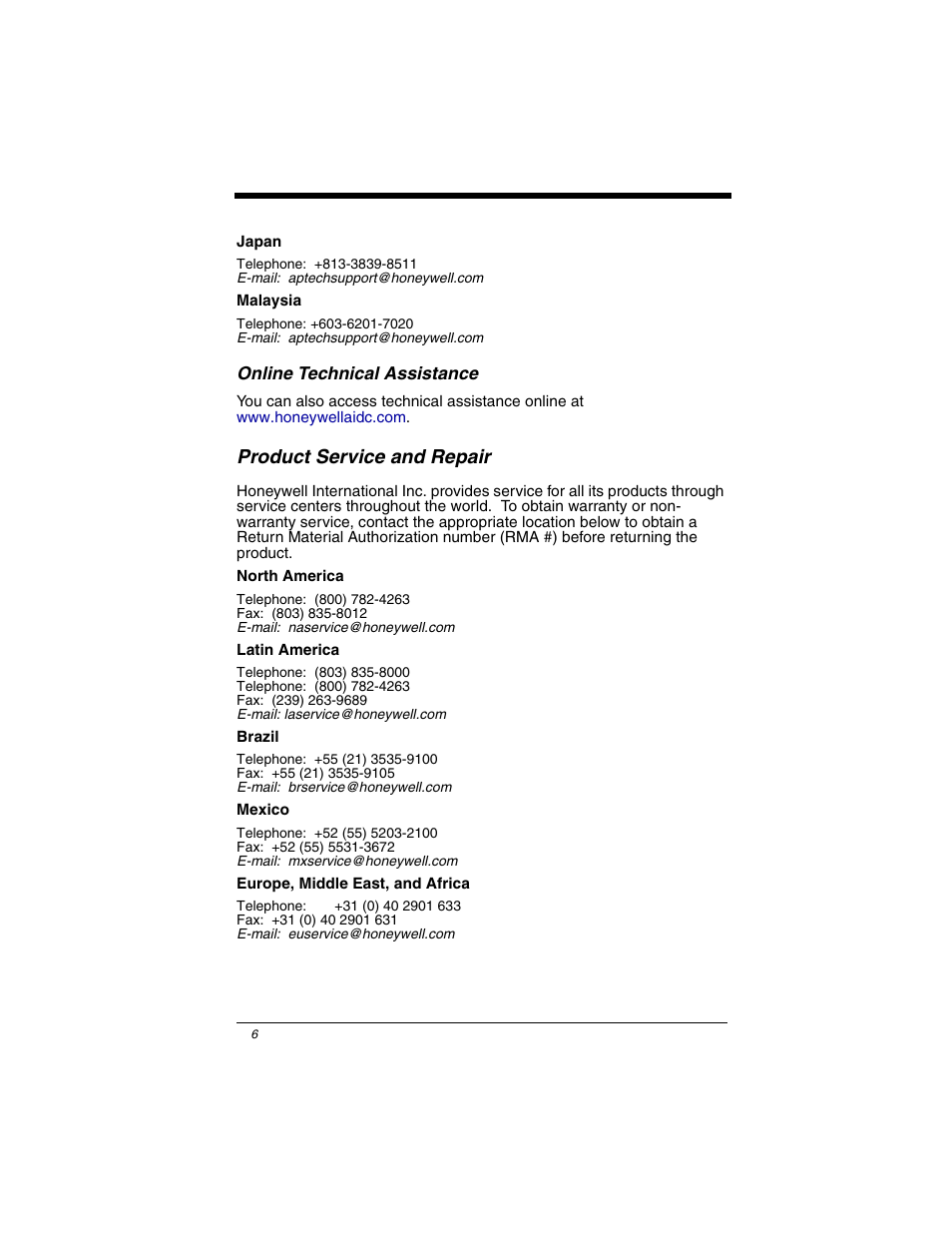 Online technical assistance, Product service and repair | Honeywell DOLPHIN 6100 User Manual | Page 8 / 14