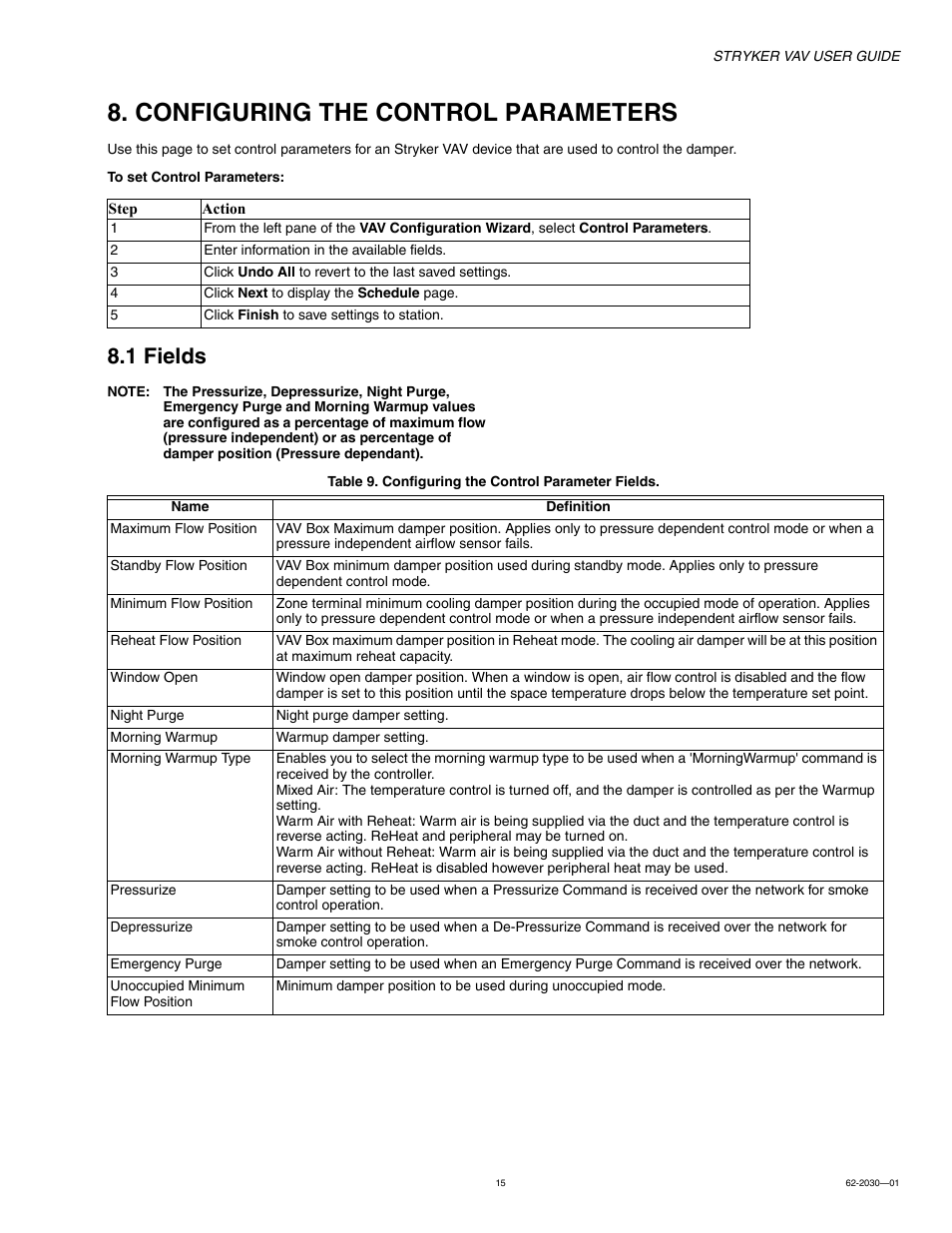 Configuring the control parameters, 1 fields | Honeywell Stryker VAV 62-2030-01 User Manual | Page 15 / 28
