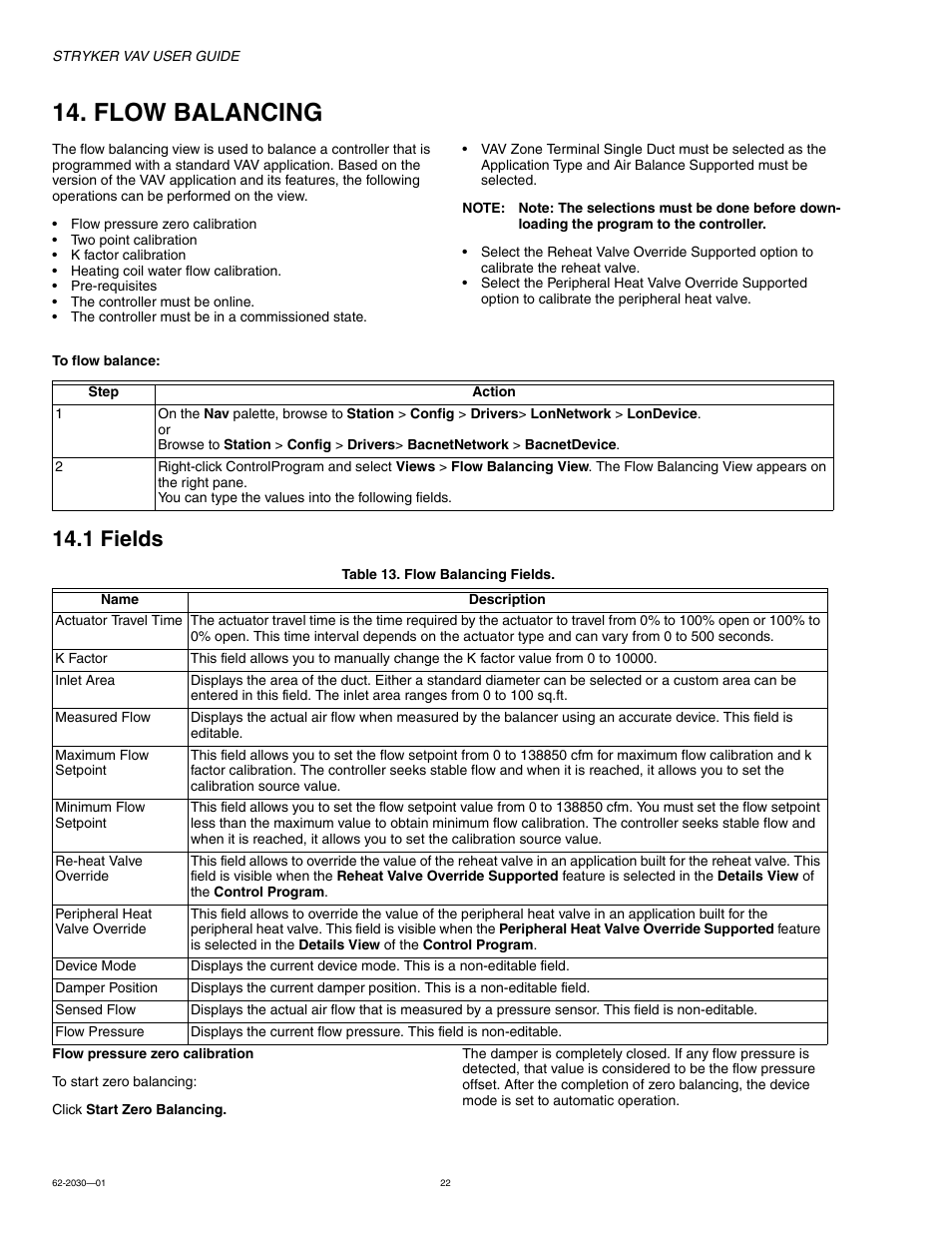 Flow balancing, 1 fields | Honeywell Stryker VAV 62-2030-01 User Manual | Page 22 / 28