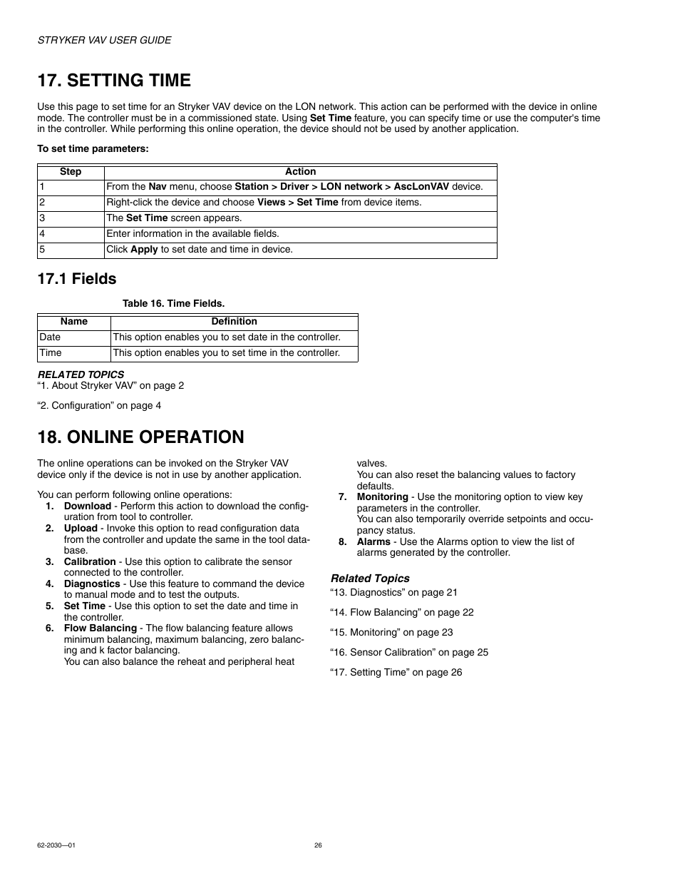 Setting time, 1 fields, Online operation | Honeywell Stryker VAV 62-2030-01 User Manual | Page 26 / 28