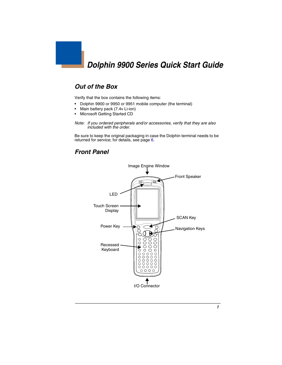 Dolphin 9900 series quick start guide, Out of the box, Front panel | Honeywell DOLPHIN 9950 User Manual | Page 3 / 14