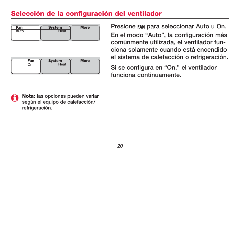 Selección de la configuración del ventilador, Presione | Honeywell FOCUSPRO TH5320R User Manual | Page 22 / 52