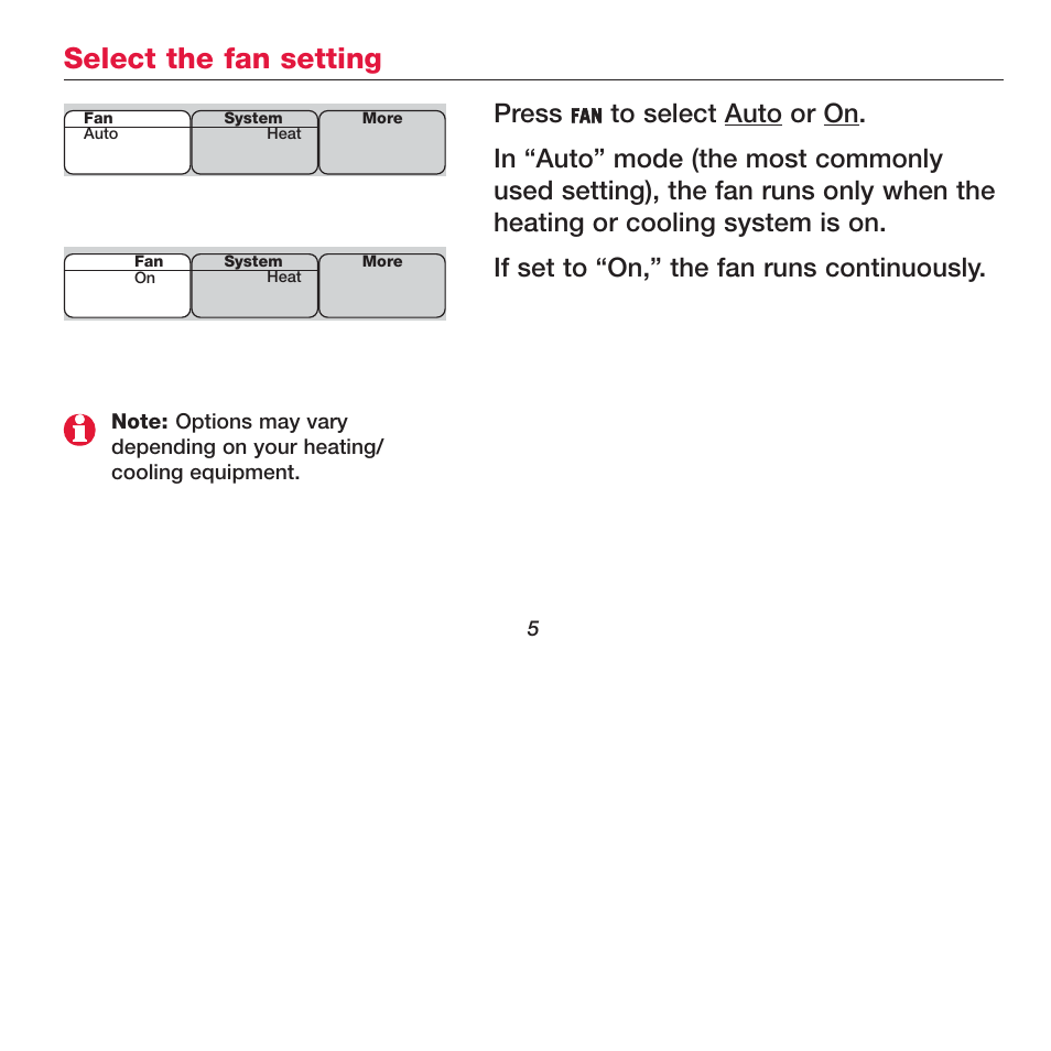 Select the fan setting, Press | Honeywell FOCUSPRO TH5320R User Manual | Page 7 / 52