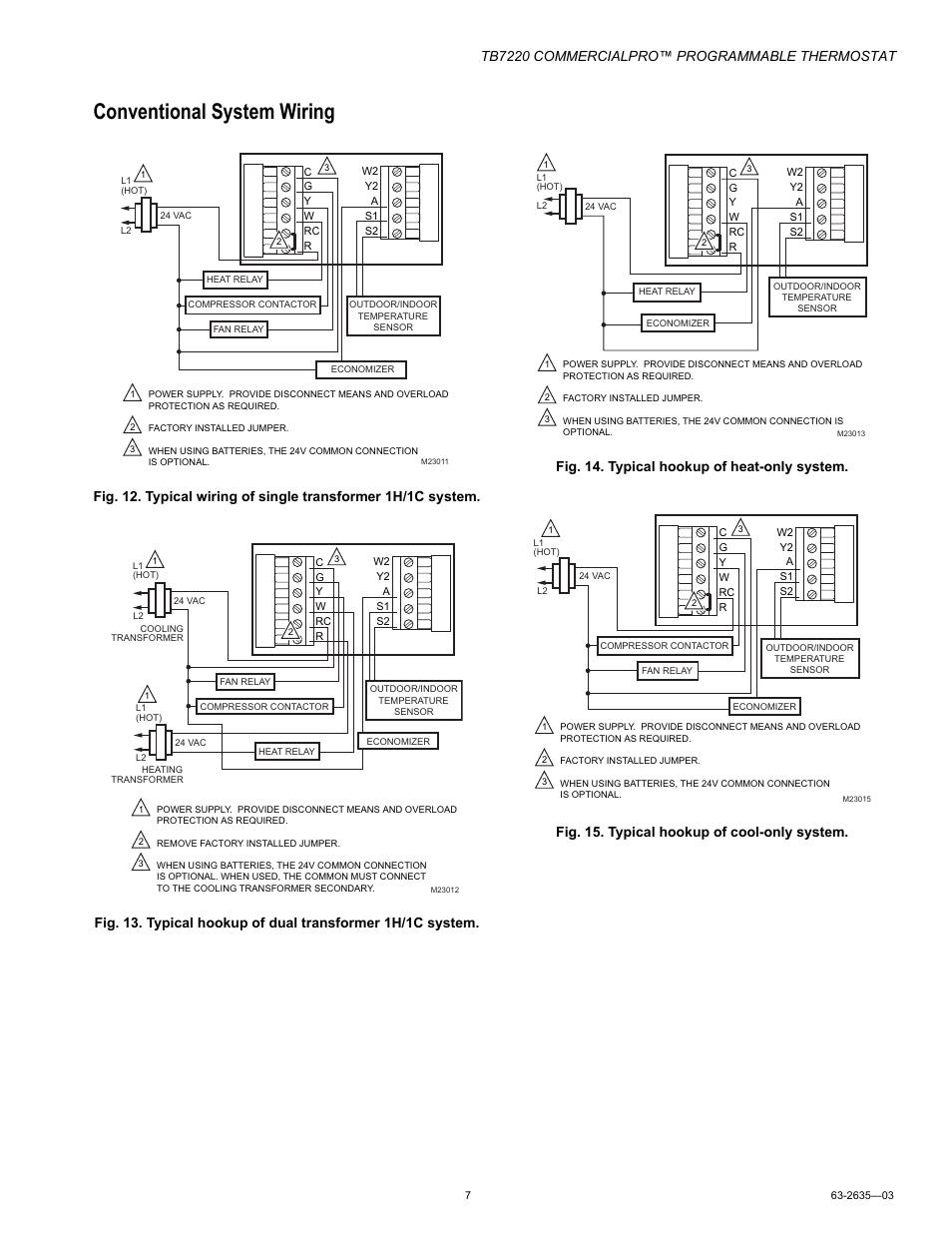 Conventional system wiring, Tb7220 commercialpro™ programmable thermostat | Honeywell COMMERCIALPRO TB7220 User Manual | Page 7 / 24