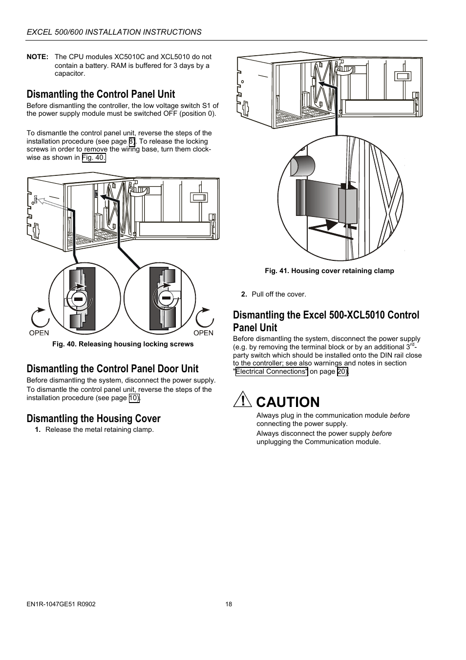 Caution, Dismantling the control panel unit, Dismantling the control panel door unit | Dismantling the housing cover | Honeywell Excell 500/600 Controll System 500-XCL5010 User Manual | Page 18 / 48