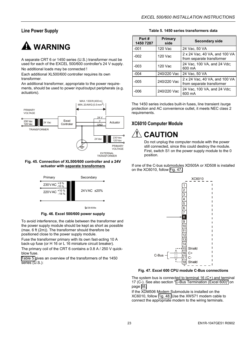 Line power supply xc6010 computer module, Fig. 45 ha, Warning | Caution, Line power supply, Xc6010 computer module | Honeywell Excell 500/600 Controll System 500-XCL5010 User Manual | Page 23 / 48