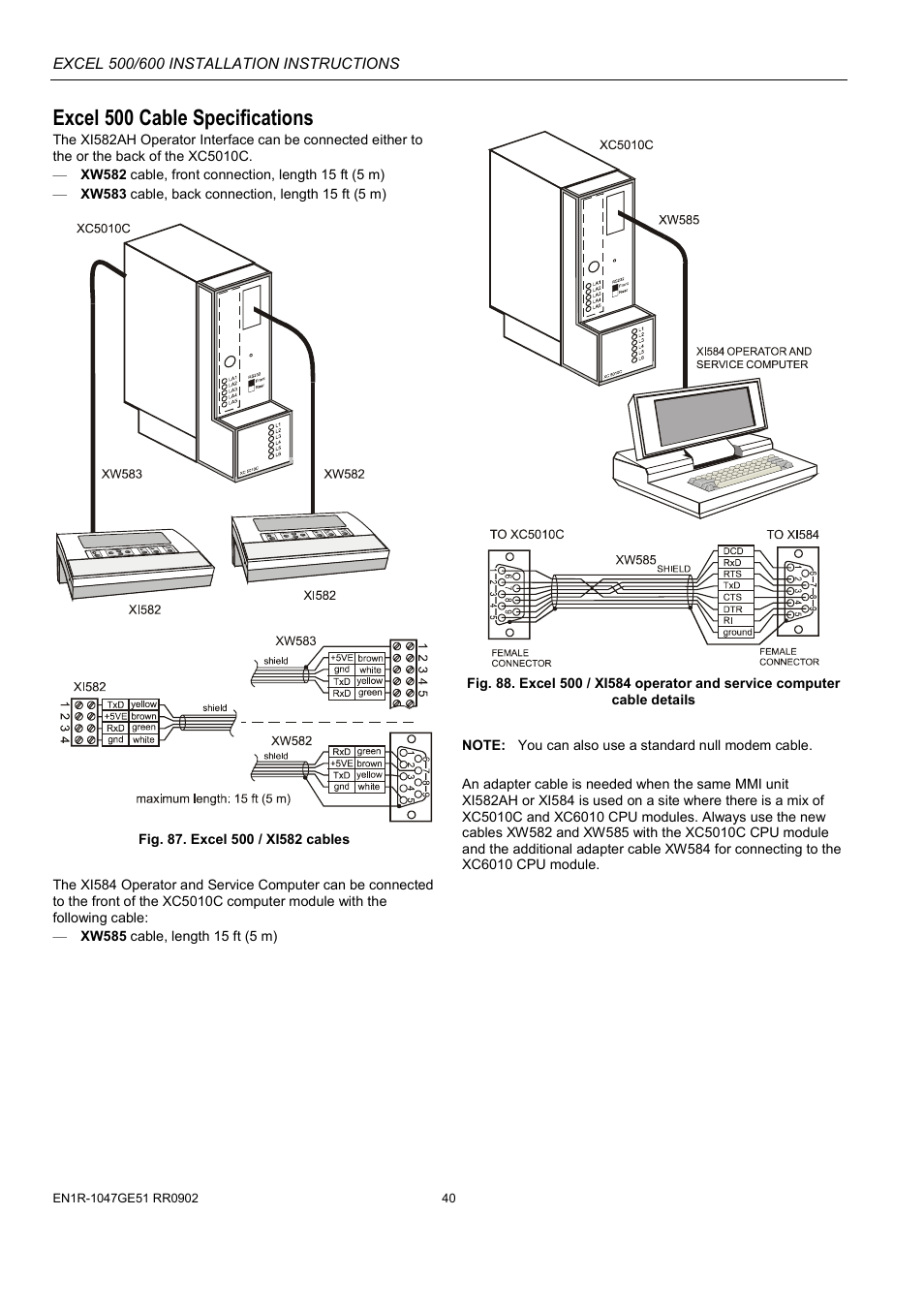 Excel 500 cable specifications | Honeywell Excell 500/600 Controll System 500-XCL5010 User Manual | Page 40 / 48