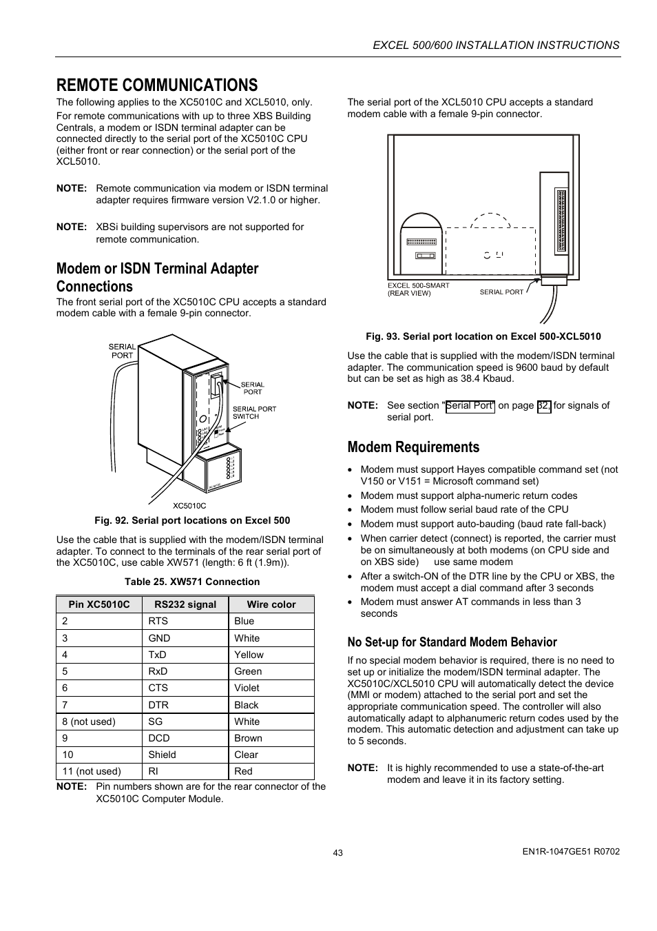 Remote communications, No set-up for standard modem behavior, Remote communications" o | Ge 43 for, Modem or isdn terminal adapter connections, Modem requirements | Honeywell Excell 500/600 Controll System 500-XCL5010 User Manual | Page 43 / 48