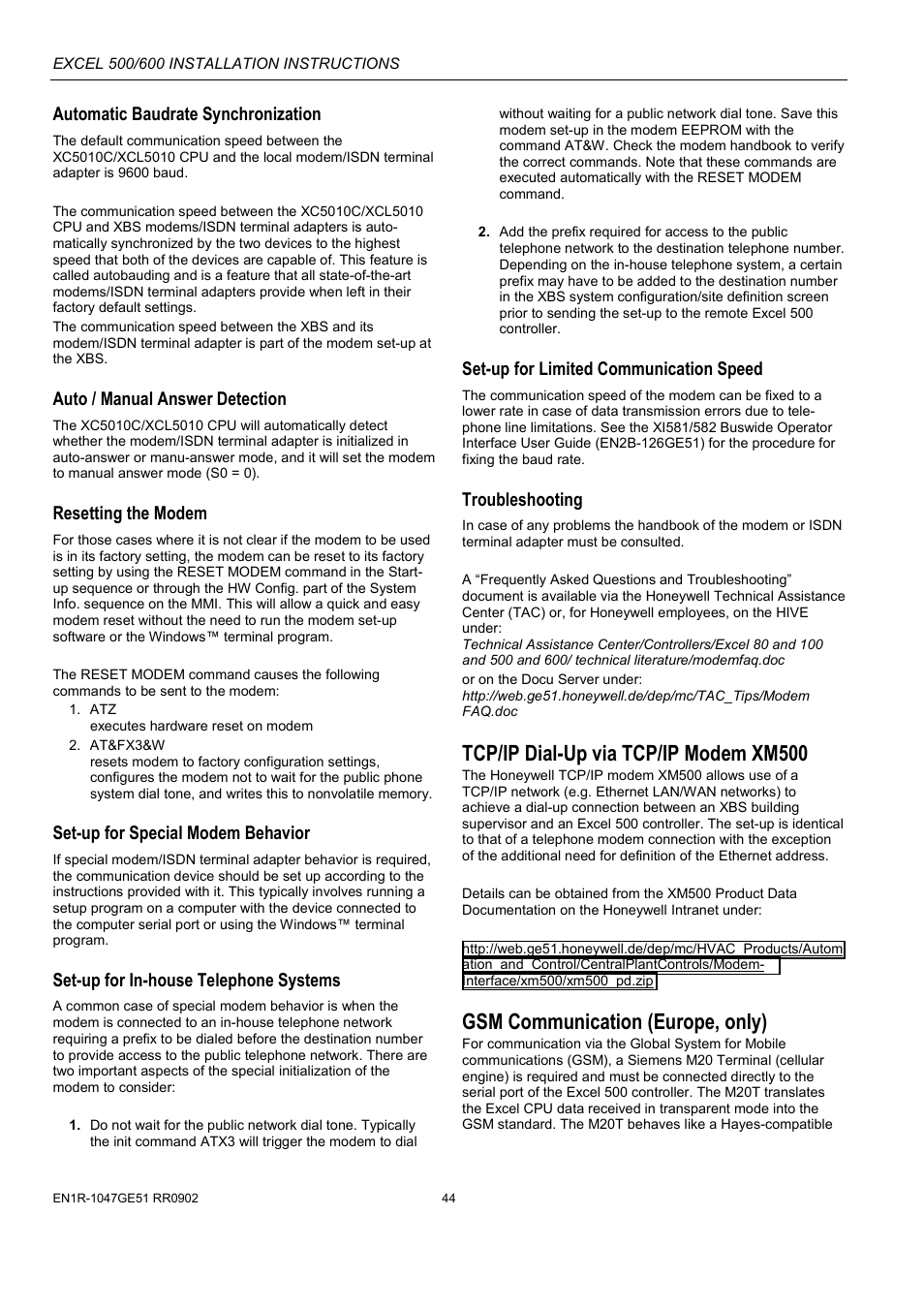 Tcp/ip dial-up via tcp/ip modem xm500, Gsm communication (europe, only), Automatic baudrate synchronization | Auto / manual answer detection, Resetting the modem, Set-up for special modem behavior, Set-up for in-house telephone systems, Set-up for limited communication speed, Troubleshooting | Honeywell Excell 500/600 Controll System 500-XCL5010 User Manual | Page 44 / 48