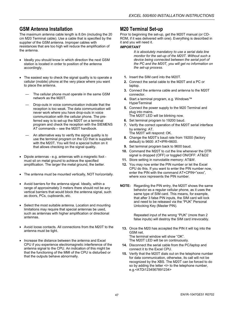 Gsm antenna installation, M20 terminal set-up | Honeywell Excell 500/600 Controll System 500-XCL5010 User Manual | Page 47 / 48