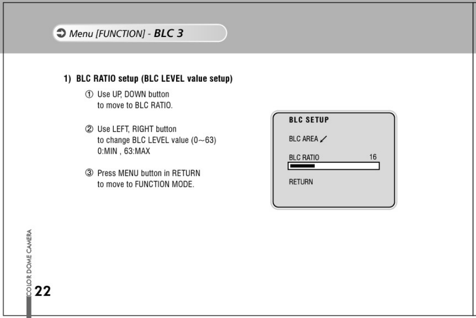 1) blc ratio setup (blc level value setup) | Honeywell HD61 User Manual | Page 22 / 40