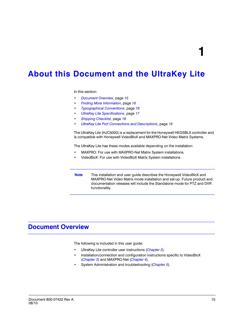 About this document and the ultrakey lite 1, Document overview, About this document and the ultrakey lite | Honeywell ULTRAKEY LITE HJC5000 User Manual | Page 15 / 72