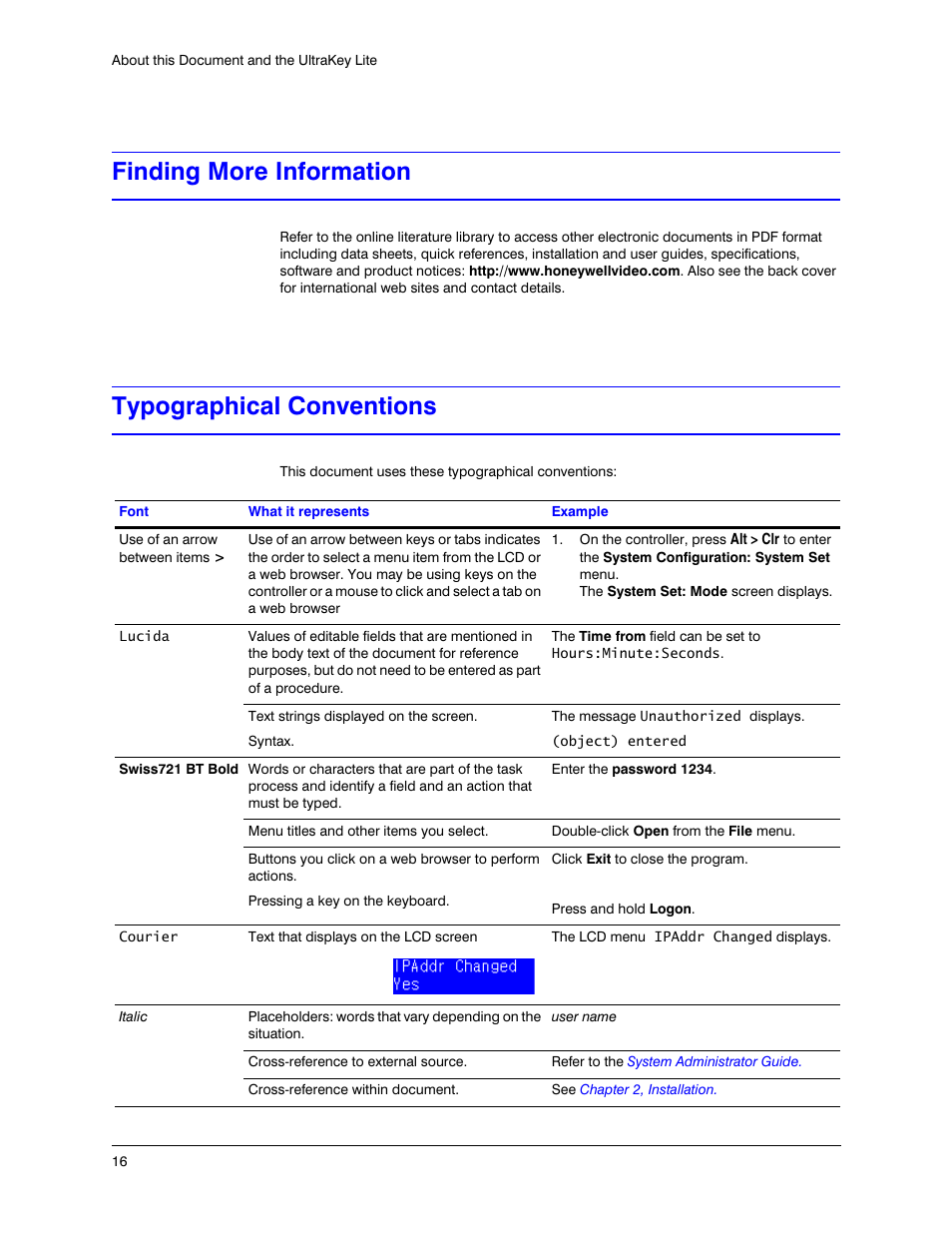 Finding more information, Typographical conventions, Finding more information typographical conventions | Honeywell ULTRAKEY LITE HJC5000 User Manual | Page 16 / 72