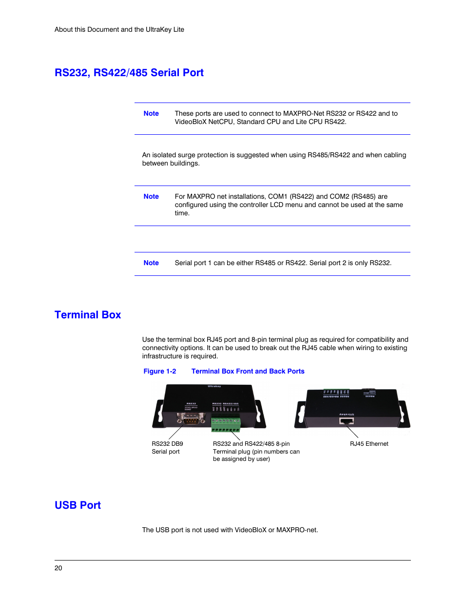 Rs232, rs422/485 serial port, Terminal box, Usb port | Figure 1-2, Terminal box front and back ports | Honeywell ULTRAKEY LITE HJC5000 User Manual | Page 20 / 72