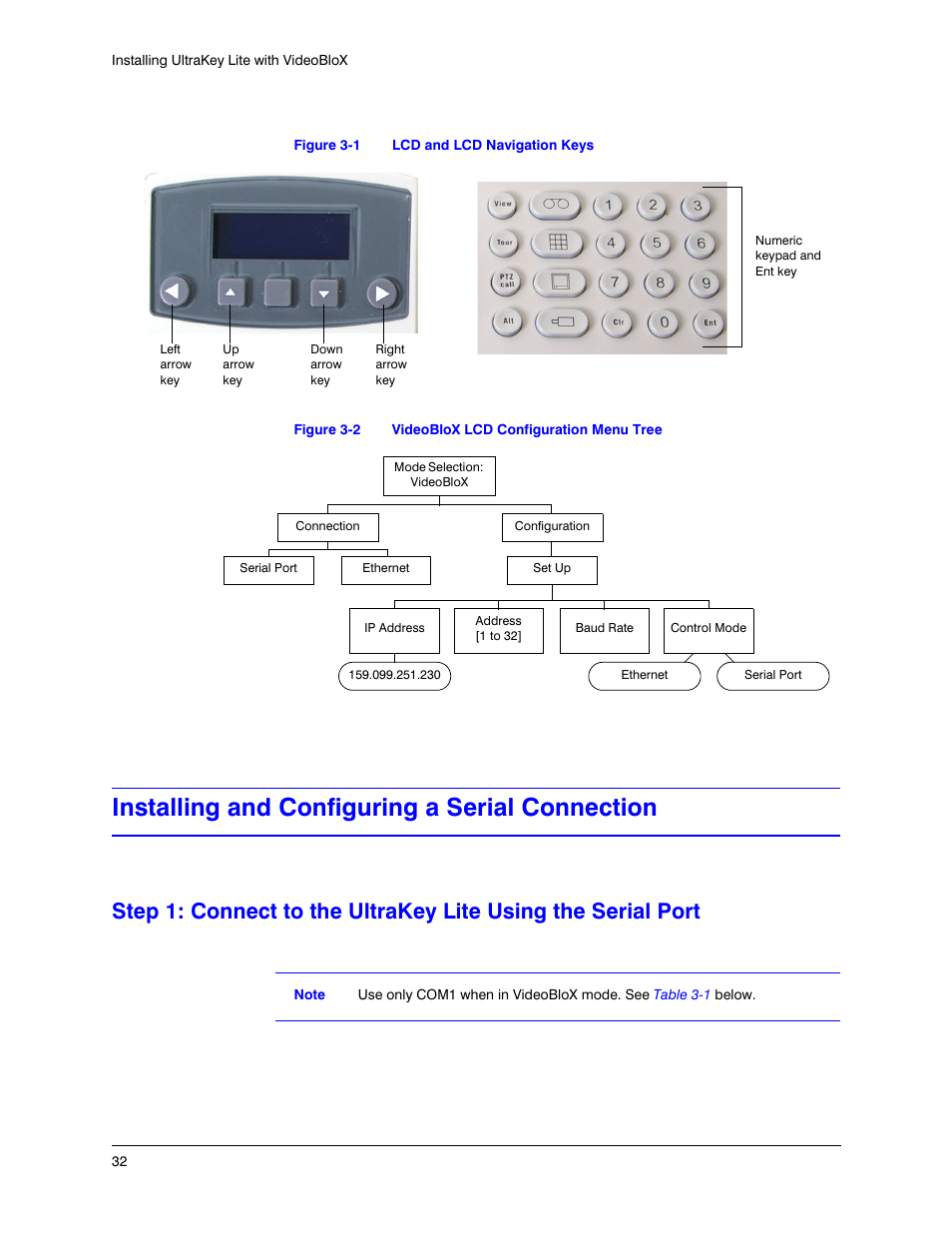 Installing and configuring a serial connection, Figure 3-1, Lcd and lcd navigation keys | Figure 3-2, Videoblox lcd configuration menu tree | Honeywell ULTRAKEY LITE HJC5000 User Manual | Page 32 / 72