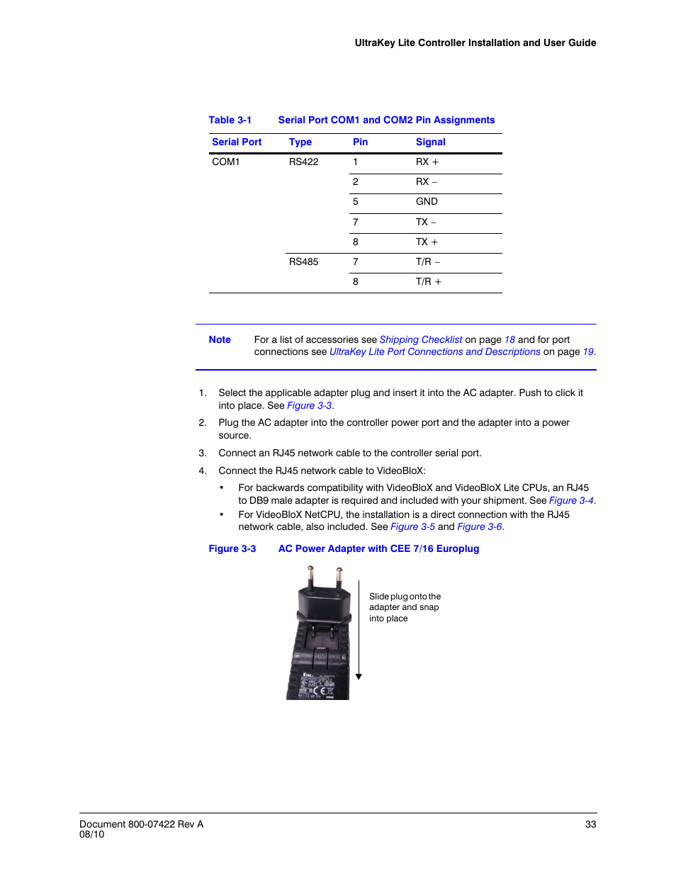 Figure 3-3, Ac power adapter with cee 7/16 europlug, Table 3-1 | Serial port com1 and com2 pin assignments | Honeywell ULTRAKEY LITE HJC5000 User Manual | Page 33 / 72