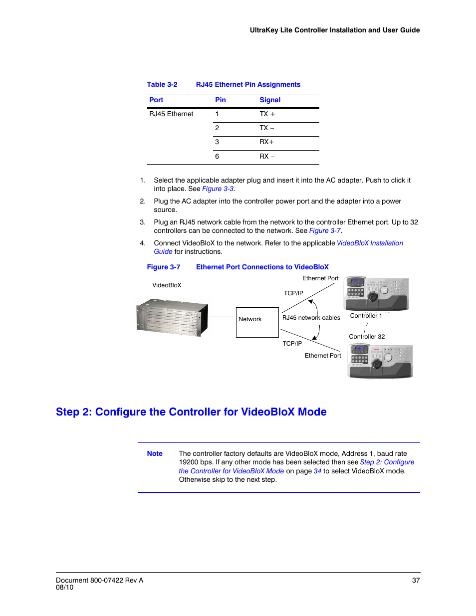 Figure 3-7, Ethernet port connections to videoblox, Table 3-2 | Rj45 ethernet pin assignments | Honeywell ULTRAKEY LITE HJC5000 User Manual | Page 37 / 72