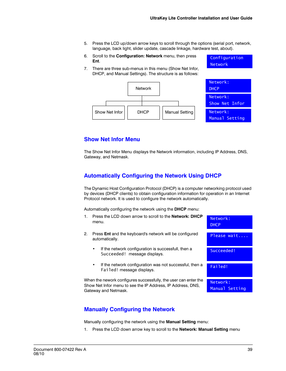Show net infor menu, Automatically configuring the network using dhcp, Manually configuring the network | Honeywell ULTRAKEY LITE HJC5000 User Manual | Page 39 / 72