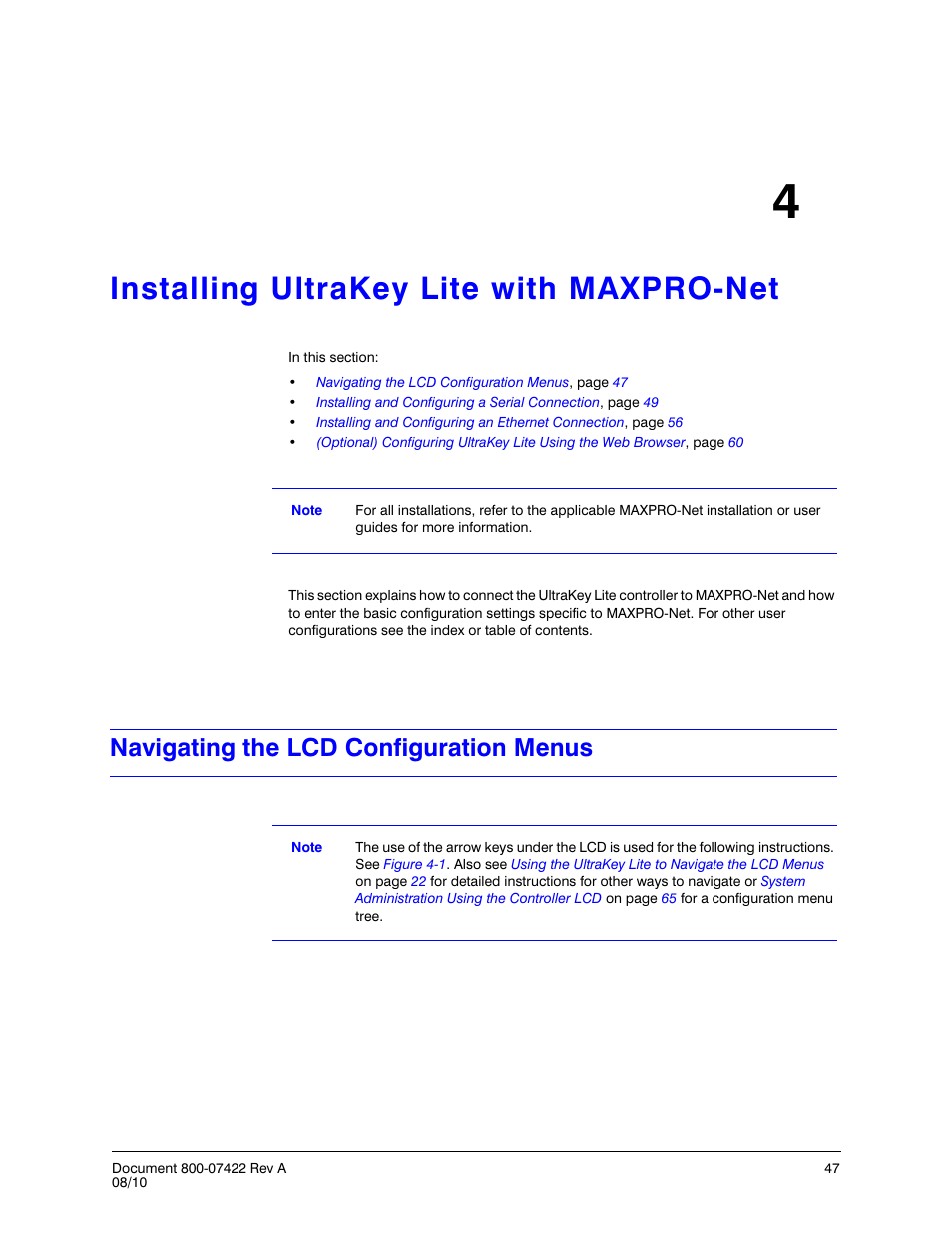 Installing ultrakey lite with maxpro-net 4, Navigating the lcd configuration menus, Installing ultrakey lite with maxpro-net | Chapter 4 | Honeywell ULTRAKEY LITE HJC5000 User Manual | Page 47 / 72