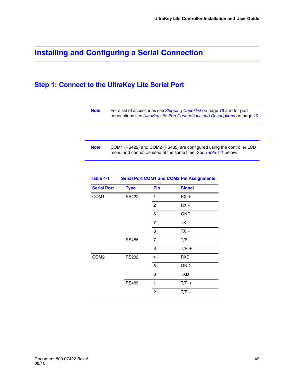 Installing and configuring a serial connection, Step 1: connect to the ultrakey lite serial port, Table 4-1 | Serial port com1 and com2 pin assignments | Honeywell ULTRAKEY LITE HJC5000 User Manual | Page 49 / 72