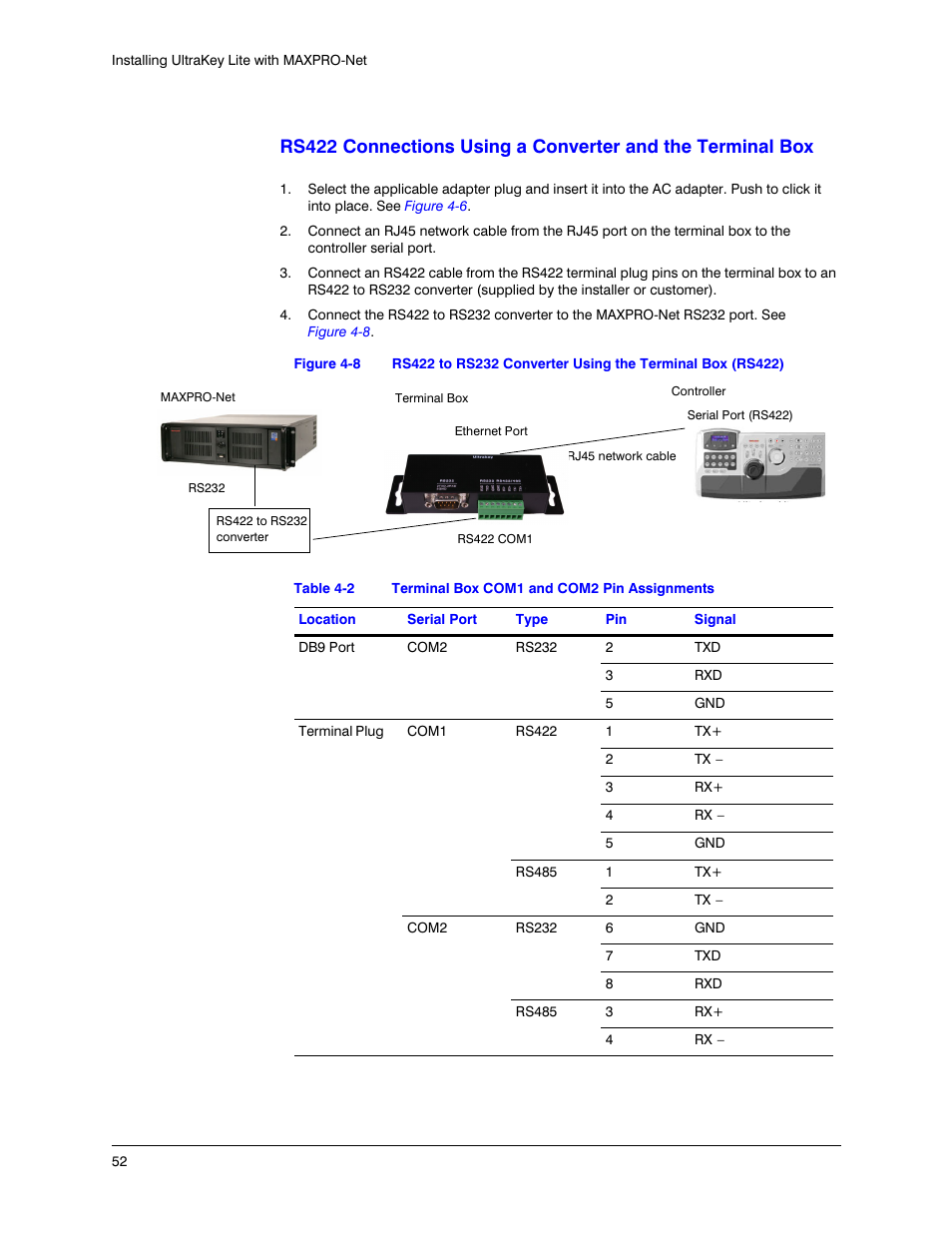 Figure 4-8, Table 4-2, Terminal box com1 and com2 pin assignments | Honeywell ULTRAKEY LITE HJC5000 User Manual | Page 52 / 72