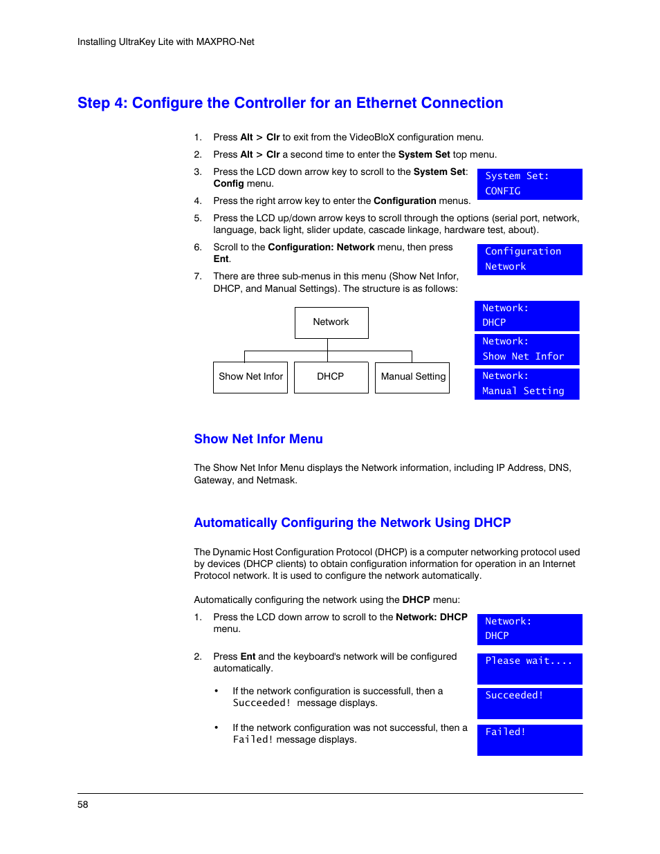 Show net infor menu, Automatically configuring the network using dhcp | Honeywell ULTRAKEY LITE HJC5000 User Manual | Page 58 / 72