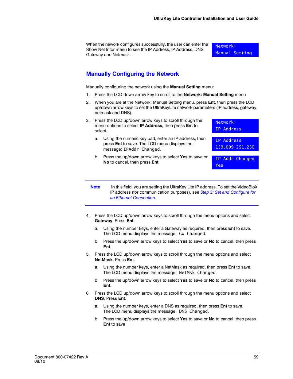 Manually configuring the network | Honeywell ULTRAKEY LITE HJC5000 User Manual | Page 59 / 72