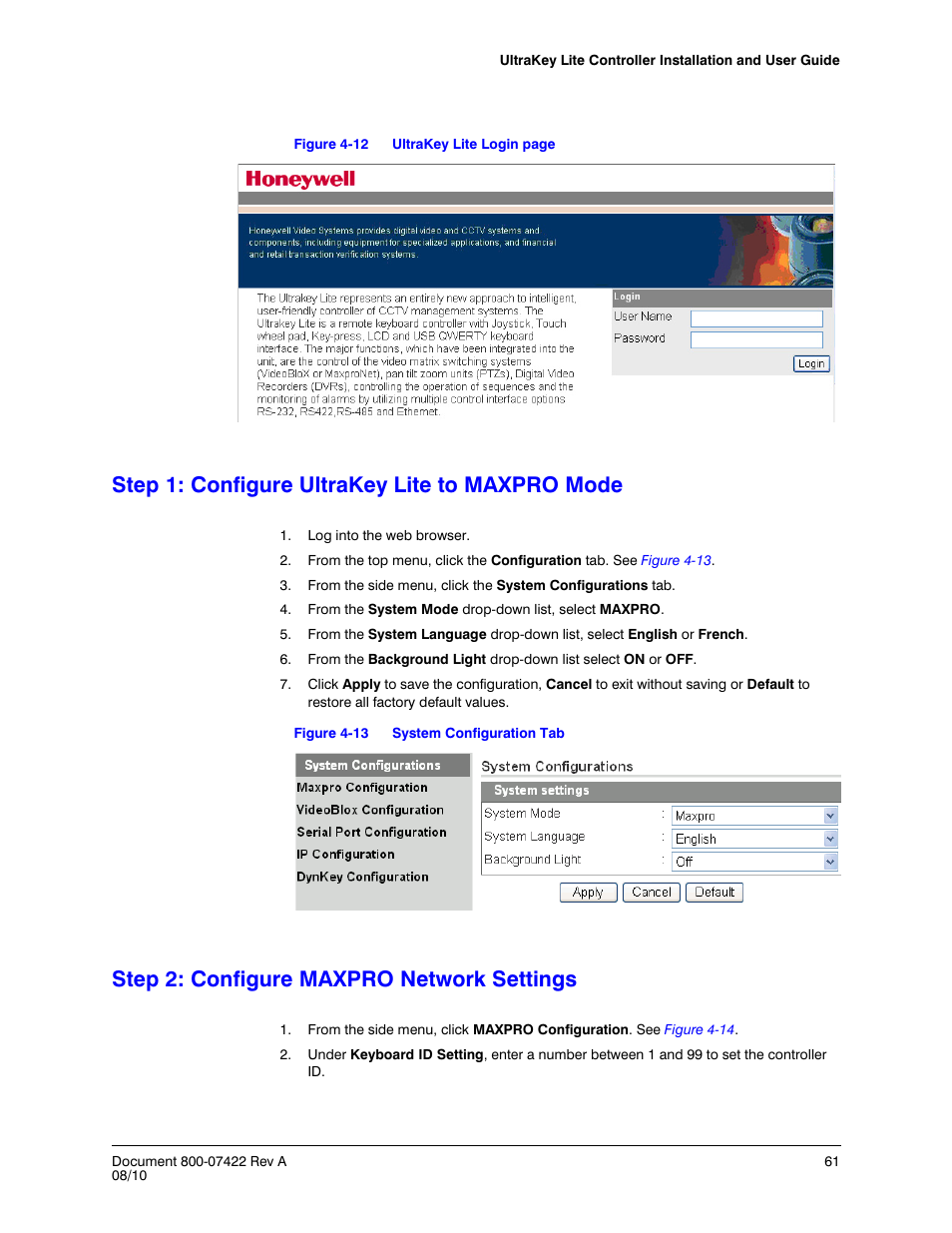 Step 1: configure ultrakey lite to maxpro mode, Step 2: configure maxpro network settings, Figure 4-12 | Figure 4-13, System configuration tab | Honeywell ULTRAKEY LITE HJC5000 User Manual | Page 61 / 72