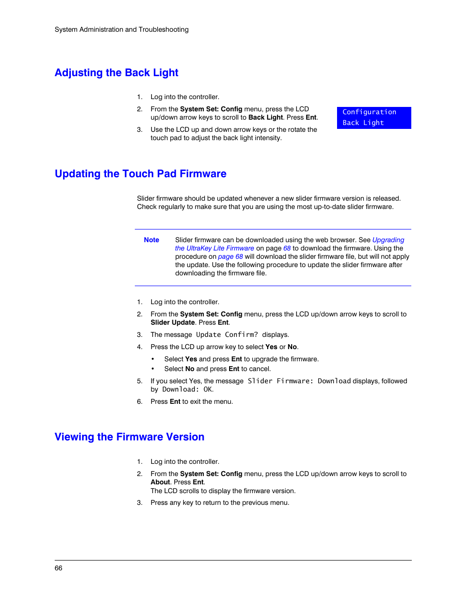 Adjusting the back light, Updating the touch pad firmware, Viewing the firmware version | Honeywell ULTRAKEY LITE HJC5000 User Manual | Page 66 / 72