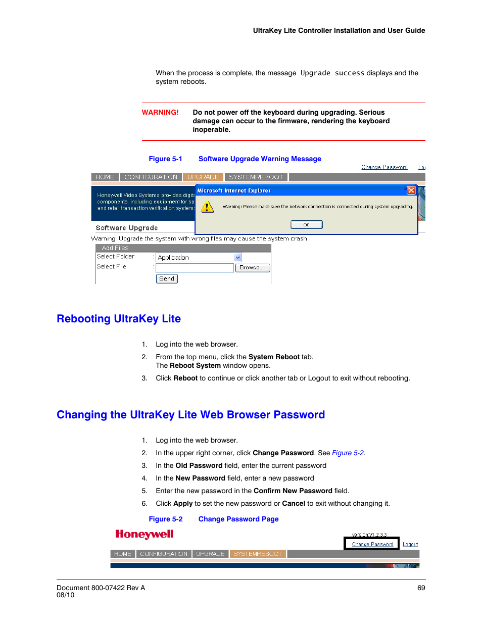 Rebooting ultrakey lite, Changing the ultrakey lite web browser password, Figure 5-1 | Software upgrade warning message, Figure 5-2 | Honeywell ULTRAKEY LITE HJC5000 User Manual | Page 69 / 72