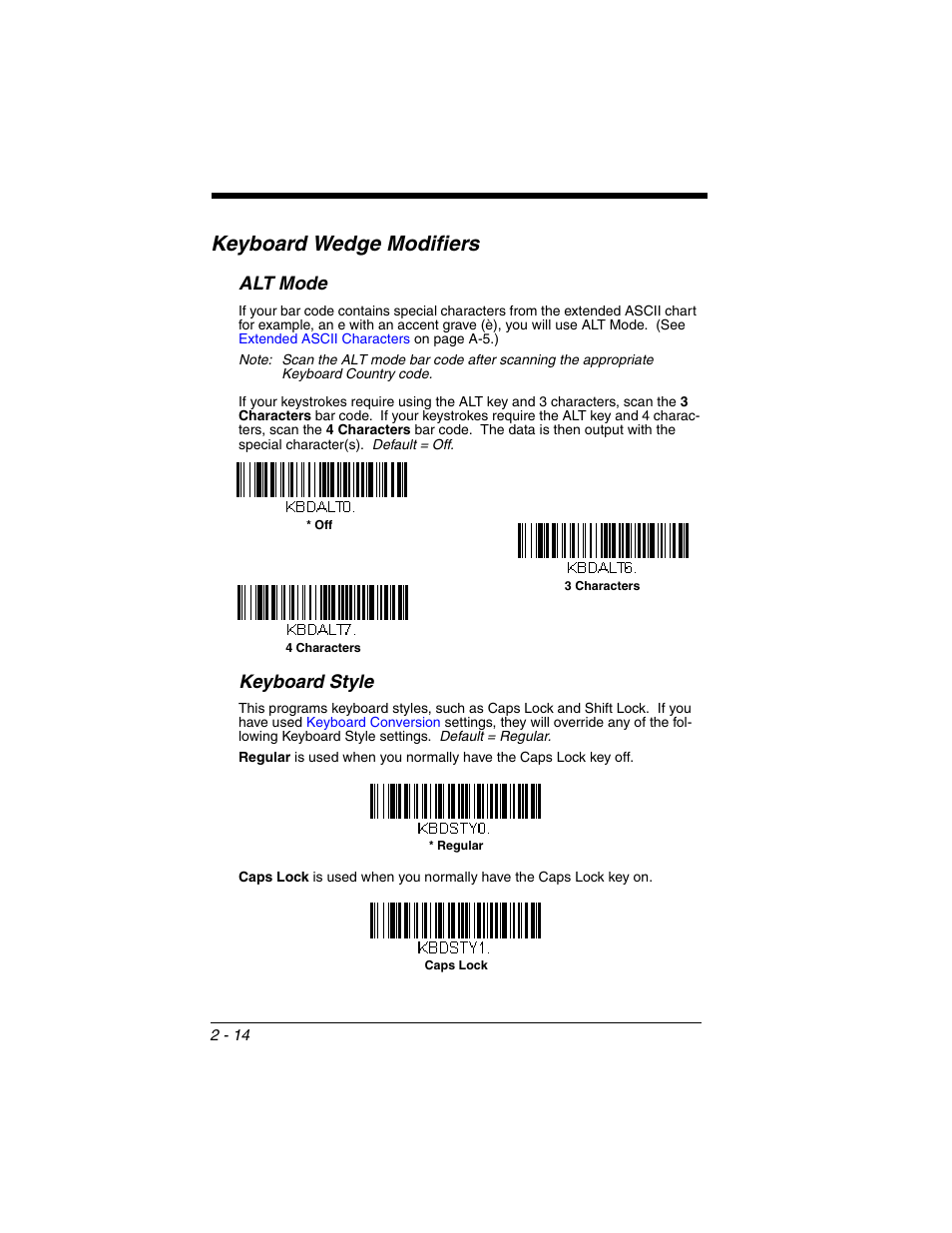 Keyboard wedge modifiers, Alt mode, Keyboard style | Keyboard wedge modifiers -14, Alt mode -14 keyboard style -14 | Honeywell VOYAGER 1250G User Manual | Page 38 / 240