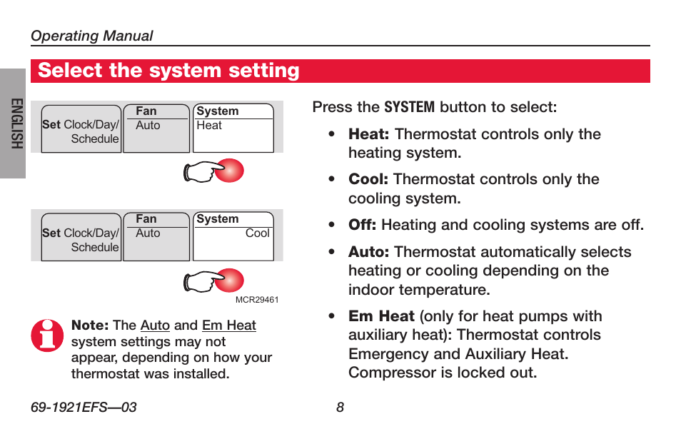 About your new thermostat, Select the system setting | Honeywell FocusPRO TH6000 Series User Manual | Page 10 / 80