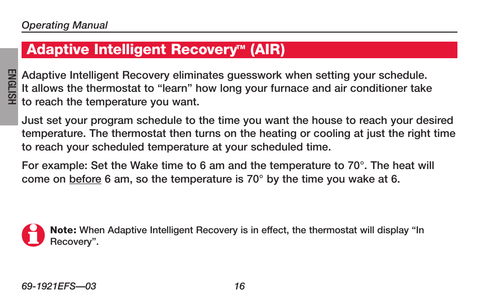 About your new thermostat, Adaptive intelligent recovery, Air) | Honeywell FocusPRO TH6000 Series User Manual | Page 18 / 80