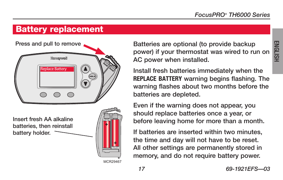 About your new thermostat, Battery replacement | Honeywell FocusPRO TH6000 Series User Manual | Page 19 / 80